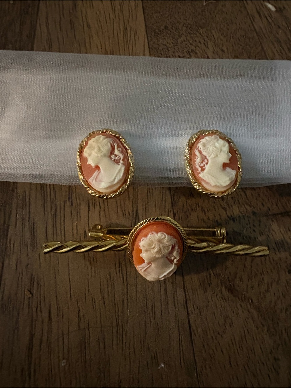 Gold-Tone Coral Cameo Brooch and Earring Set